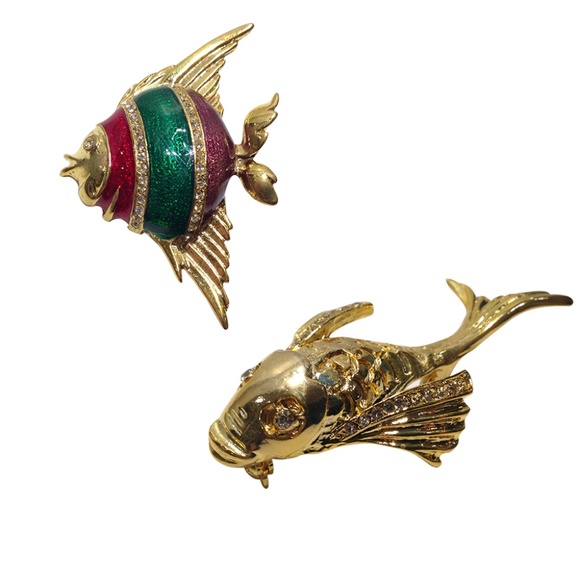 Fish Shaped Brooches Set, Gold Fish and Colorful Flounder Pins - Picture 2 of 4